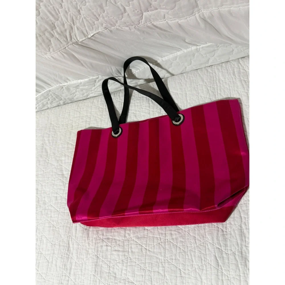 Victoria's Secret Pink Red Stripe Tote Bag Rhinestone Logo‎